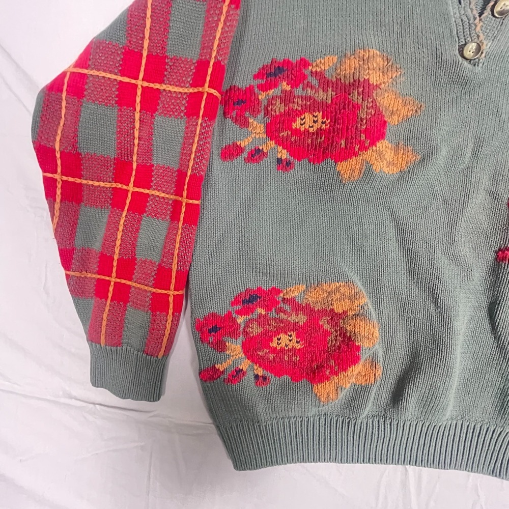 Vintage Eddie Bauer Sweater Womens Large Gray Red Plaid Fall Christmas Henley - Picture 4 of 11